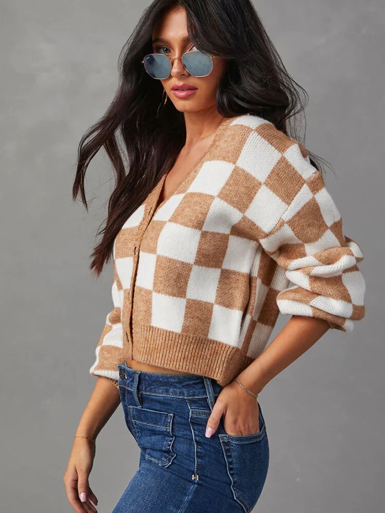 Vintage Checkered Cardigan with Button Closure for Women-Women’s Cardigans-Camden Fashion