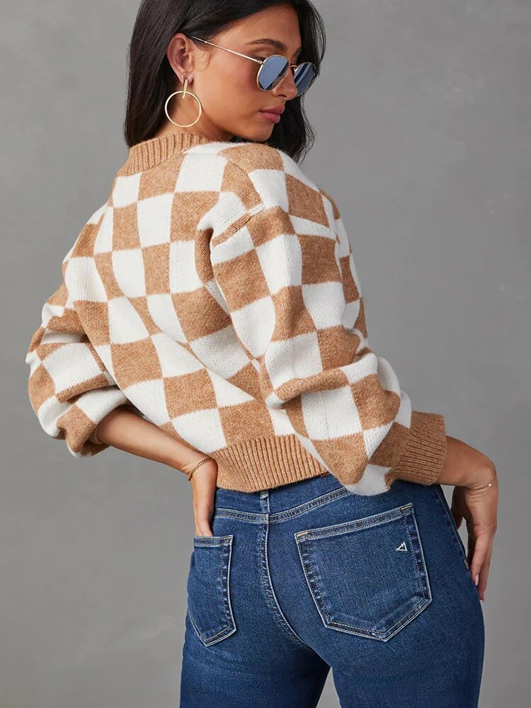 Vintage Checkered Cardigan with Button Closure for Women-Women’s Cardigans-Camden Fashion