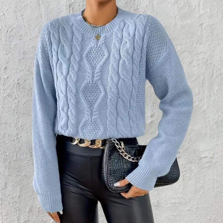 Women’s Blue Cable Knit Jumper with Round Neck and Long Sleeves-Women Jumpers-Camden Fashion