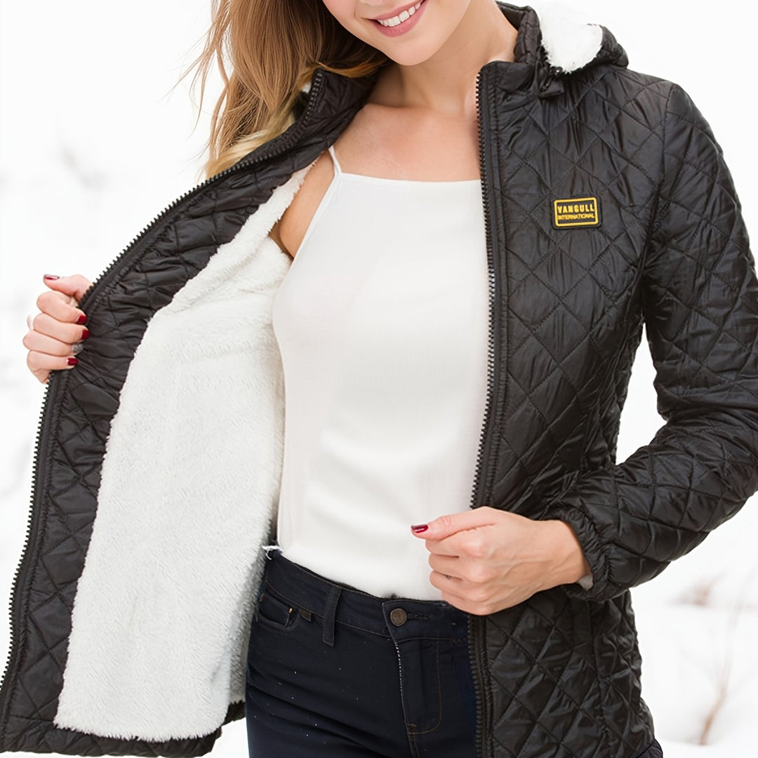 Women's Fleece-Lined Quilted Zip Coat with Hood-Puffer Jacket-Camden Fashion