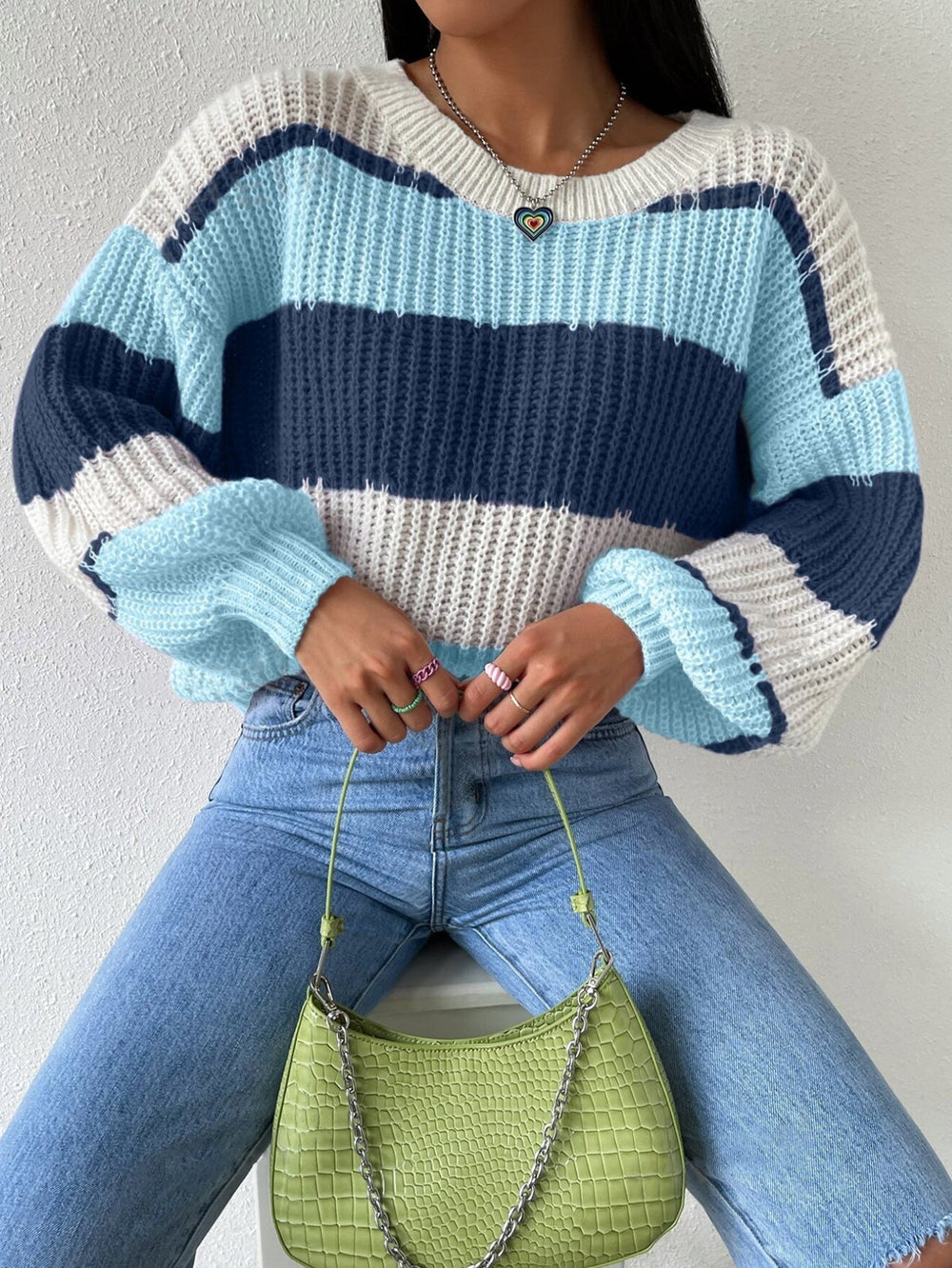 Women’s Knit Striped Jumper with Crew Neck and Long Sleeves-Women Jumpers-Camden Fashion