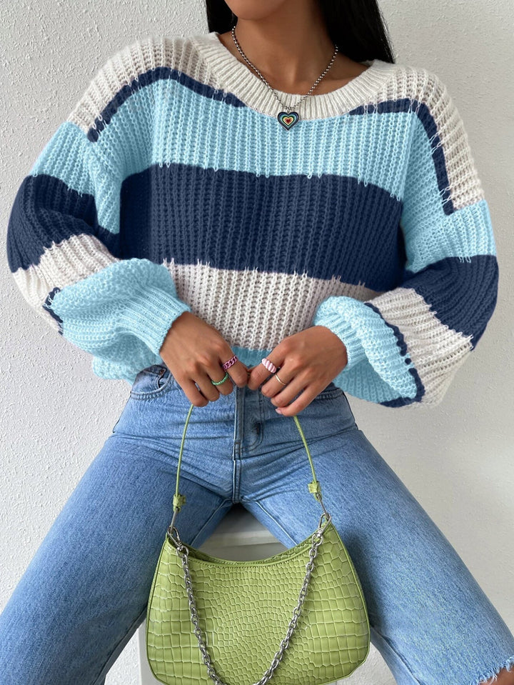 Women’s Knit Striped Jumper with Crew Neck and Long Sleeves-Women Jumpers-Camden Fashion