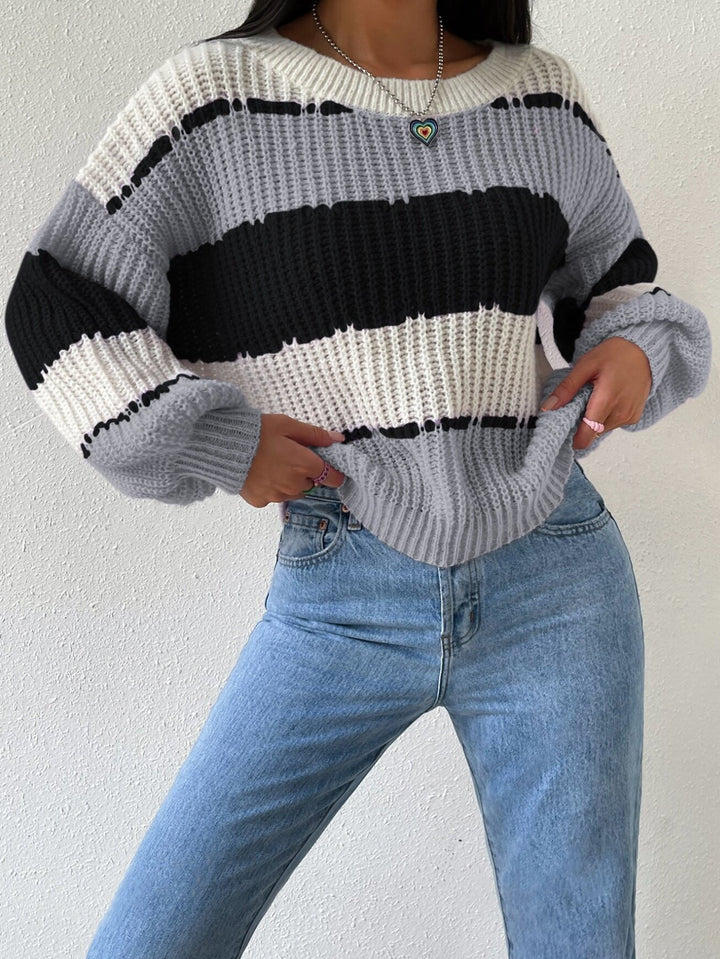 Women’s Knit Striped Jumper with Crew Neck and Long Sleeves-Women Jumpers-Camden Fashion