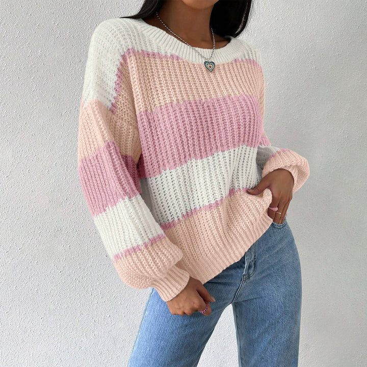 Women’s Knit Striped Jumper with Crew Neck and Long Sleeves-Women Jumpers-Camden Fashion