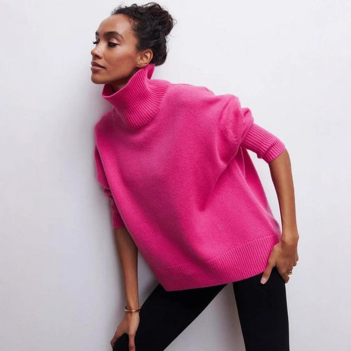 Women’s Knit Turtleneck Sweater – Oversized Fit – Knit Blend – Cropped Ribbed Hem-Knitted Tops-Camden Fashion