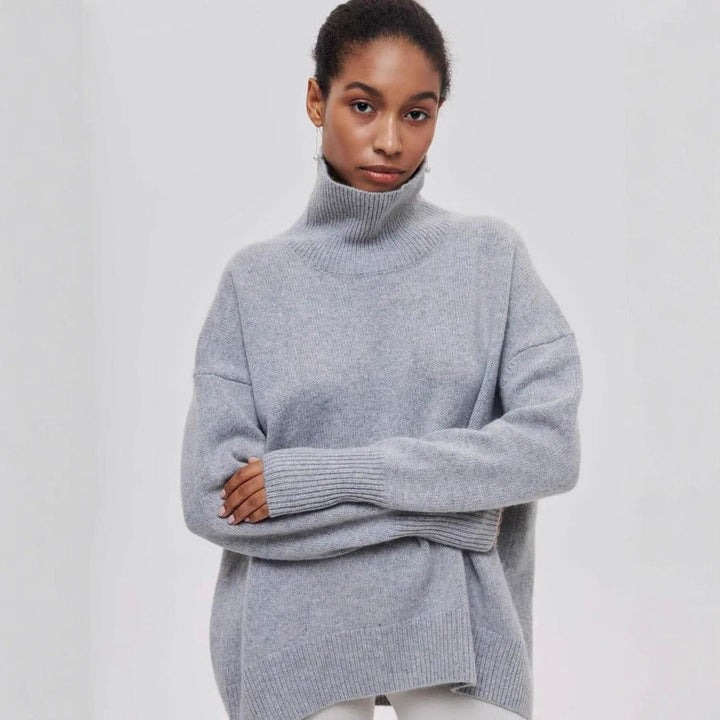Women’s Knit Turtleneck Sweater – Oversized Fit – Knit Blend – Cropped Ribbed Hem-Knitted Tops-Camden Fashion