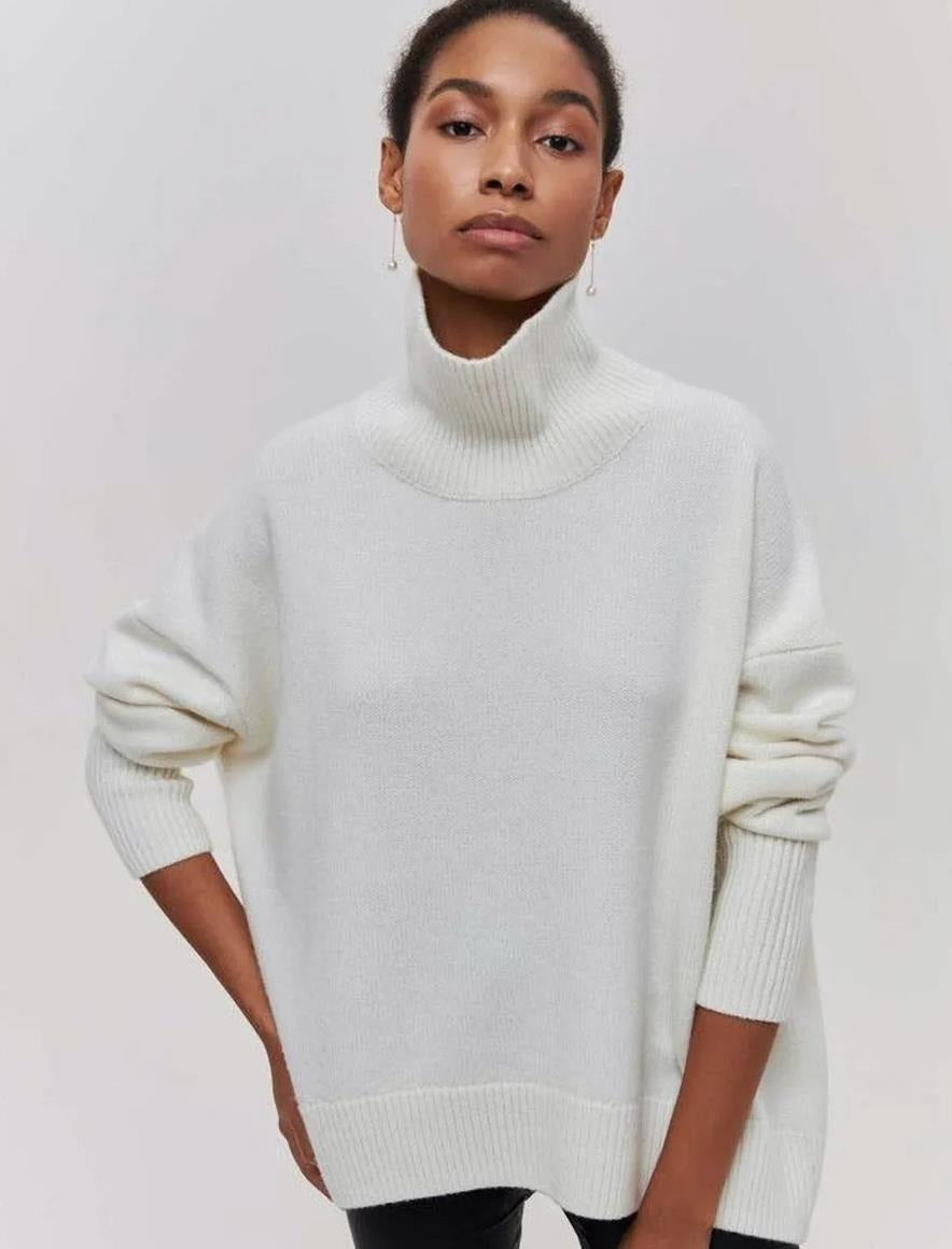 Women’s Knit Turtleneck Sweater – Oversized Fit – Knit Blend – Cropped Ribbed Hem-Knitted Tops-Camden Fashion