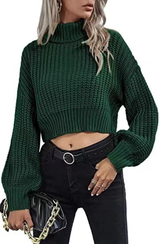 Women’s Knitted Jumper – Cropped Fit – Knit Blend – High Neck – Balloon Sleeves-Knitted Tops-Camden Fashion