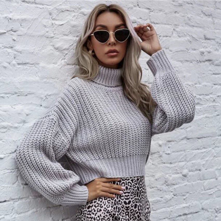 Women’s Knitted Jumper – Cropped Fit – Knit Blend – High Neck – Balloon Sleeves-Knitted Tops-Camden Fashion