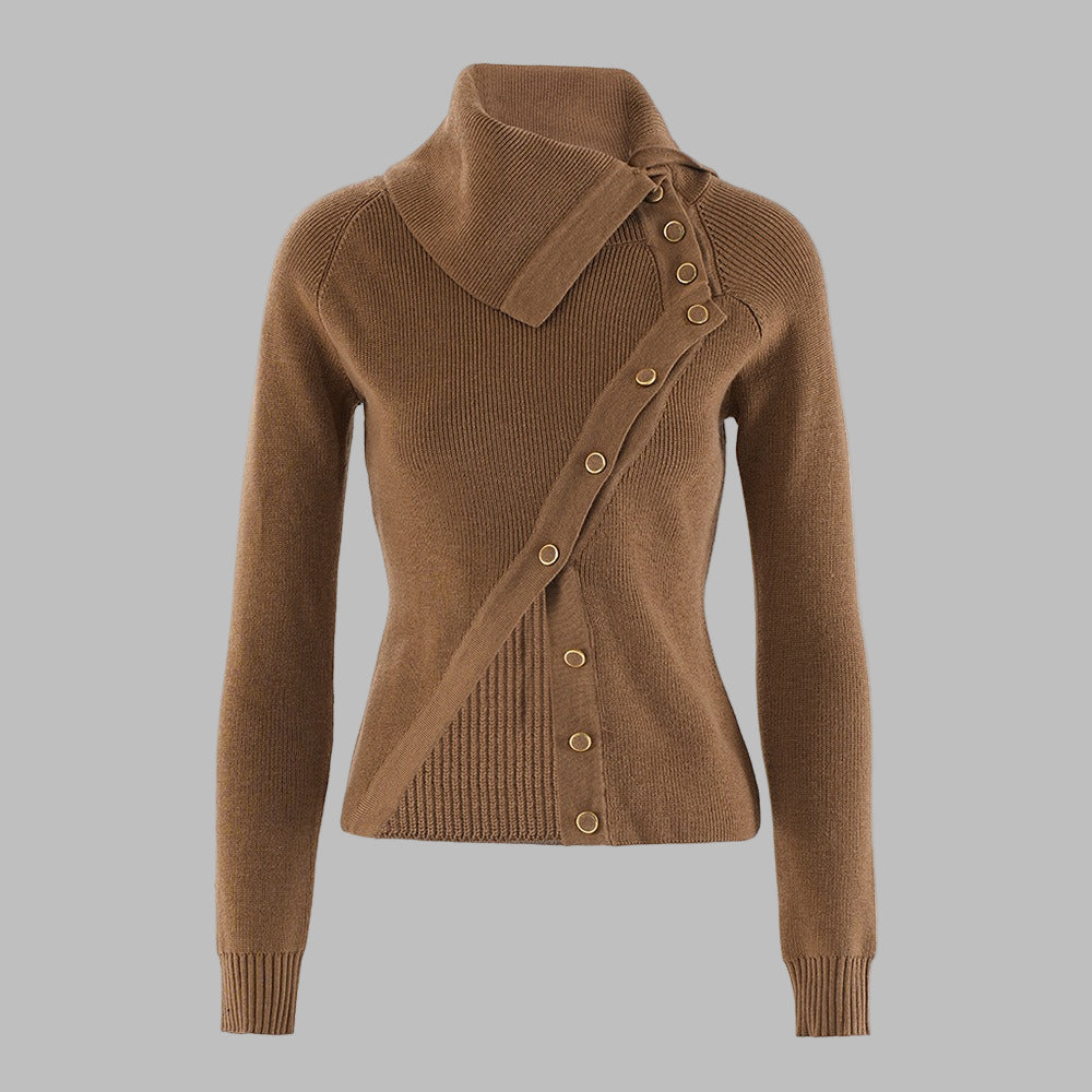 Women’s Knitwear Top – Slim Fit – Ribbed Wool Blend – Asymmetrical Collar & Buttons-Tops-Camden Fashion