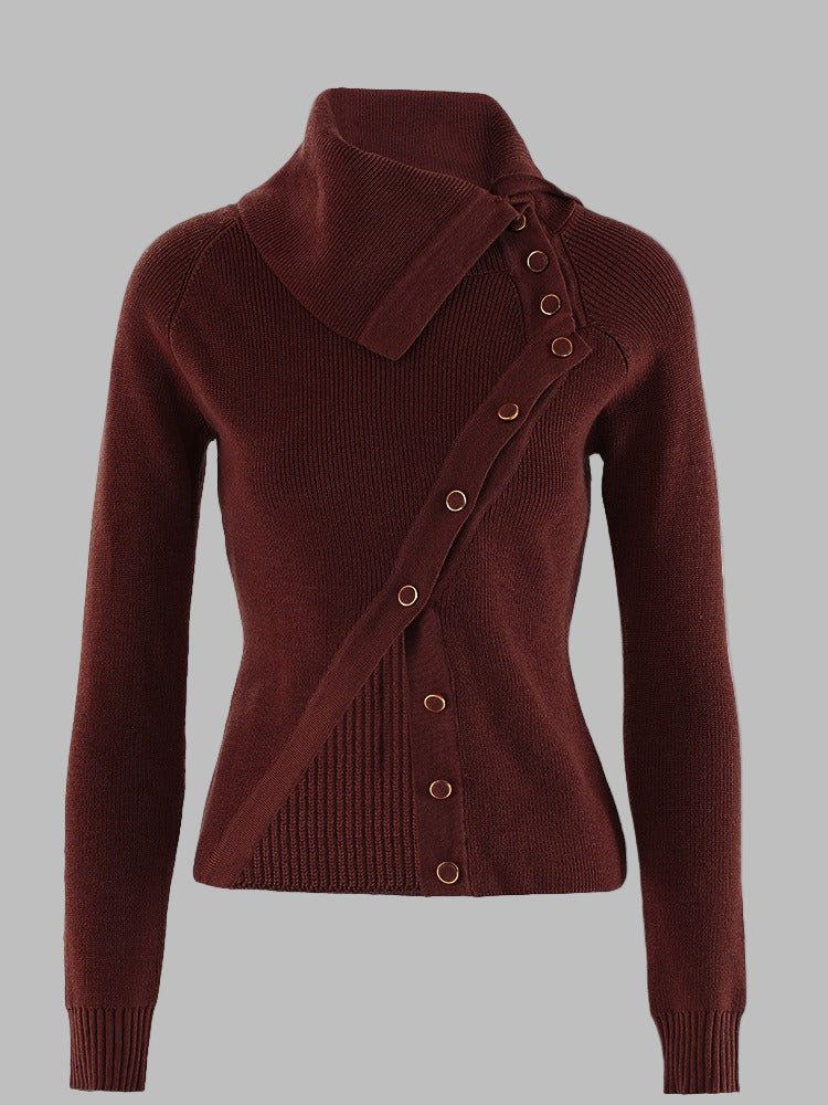 Women’s Knitwear Top – Slim Fit – Ribbed Wool Blend – Asymmetrical Collar & Buttons-Tops-Camden Fashion