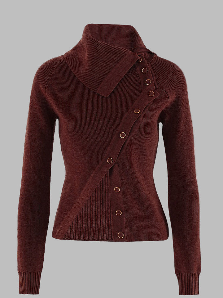 Women’s Knitwear Top – Slim Fit – Ribbed Wool Blend – Asymmetrical Collar & Buttons-Tops-Camden Fashion