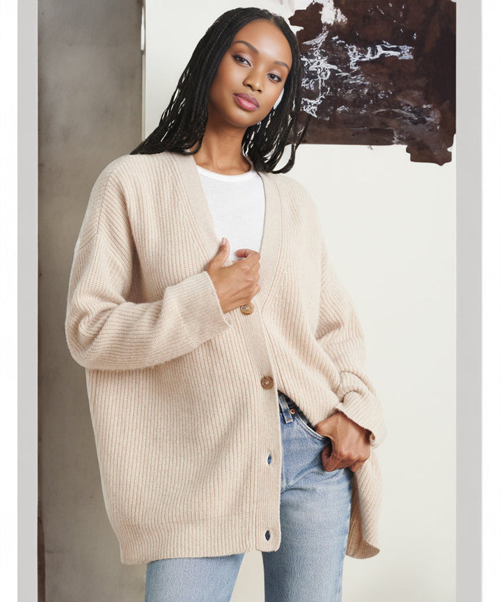 Women's Oversized Button Cardigan with Cozy Ribbed Knit Texture-Women Cardigans-Camden Fashion