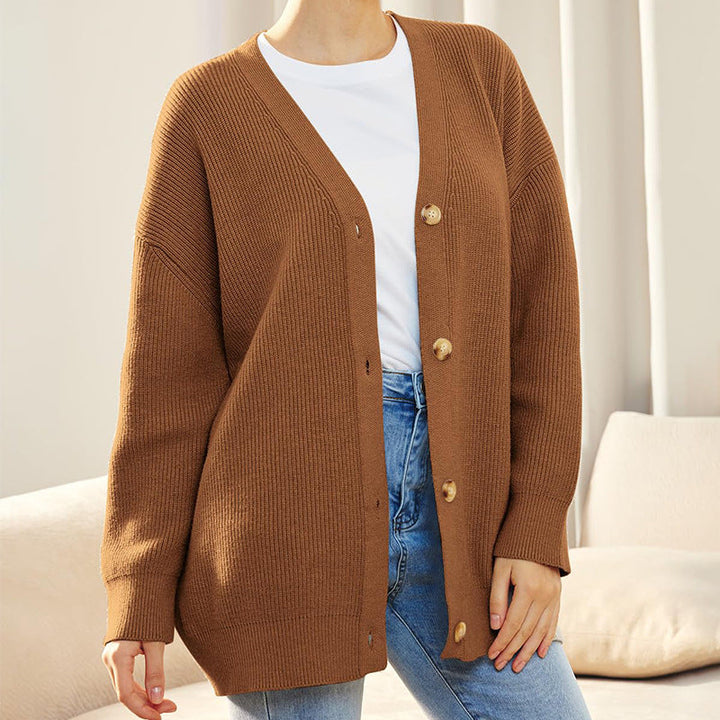 Women's Oversized Button Cardigan with Cozy Ribbed Knit Texture-Women Cardigans-Camden Fashion