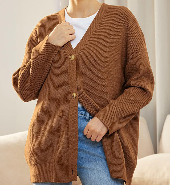 Women's Oversized Button Cardigan with Cozy Ribbed Knit Texture-Women Cardigans-Camden Fashion