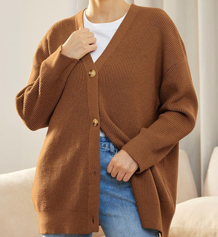 Women's Oversized Button Cardigan with Cozy Ribbed Knit Texture-Women Cardigans-Camden Fashion