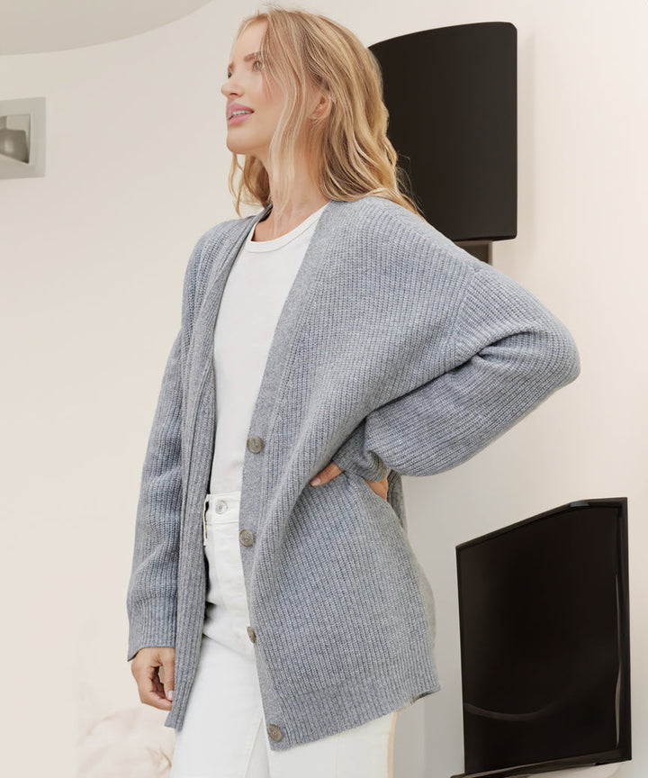 Women's Oversized Button Cardigan with Cozy Ribbed Knit Texture-Women Cardigans-Camden Fashion