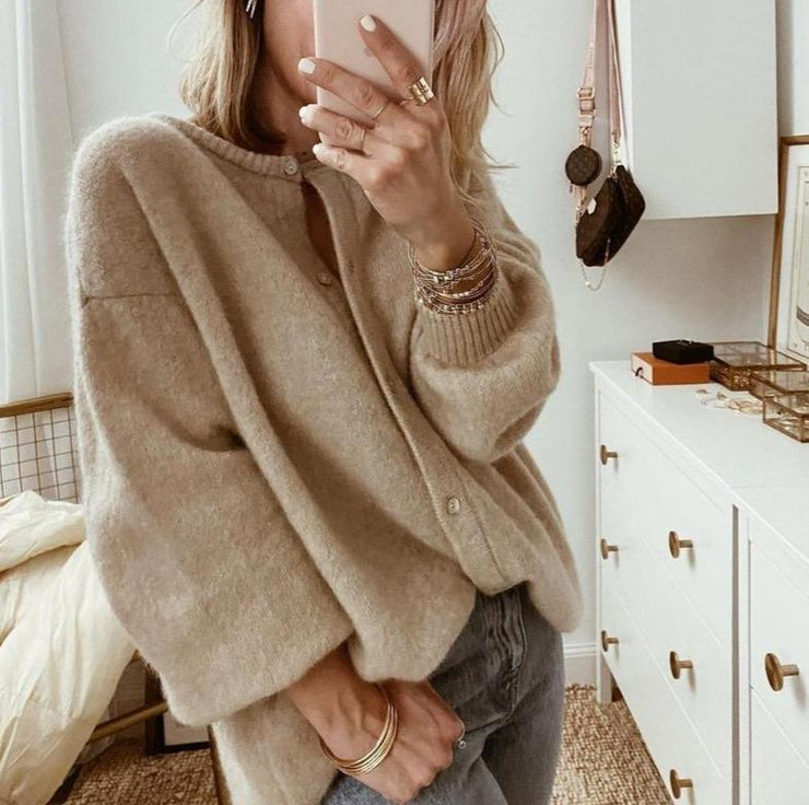 Women's Oversized Button-Up Knit Cardigan with Drop Shoulders-Women Cardigans-Camden Fashion