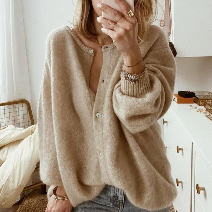 Women's Oversized Button-Up Knit Cardigan with Drop Shoulders-Women Cardigans-Camden Fashion