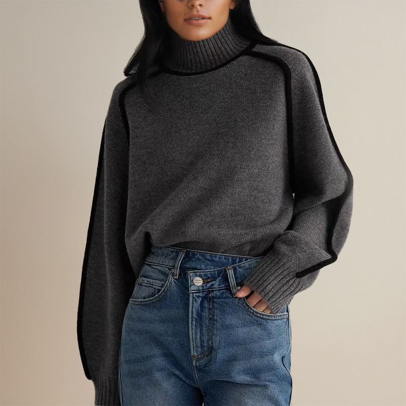 Women’s Oversized Turtleneck Jumper with Contrast Sleeve Trim-Women Jumpers-Camden Fashion