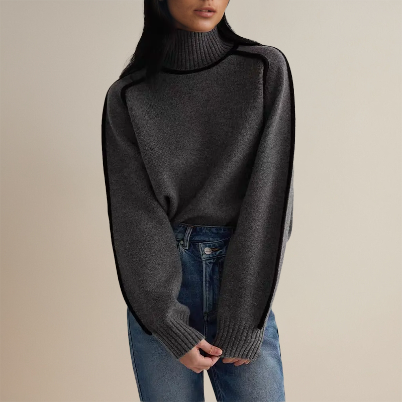 Women’s Oversized Turtleneck Jumper with Contrast Sleeve Trim-Women Jumpers-Camden Fashion