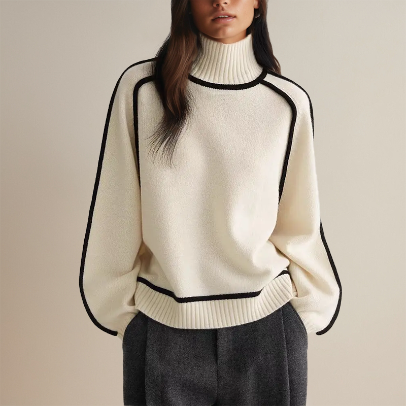 Women’s Oversized Turtleneck Jumper with Contrast Sleeve Trim-Women Jumpers-Camden Fashion