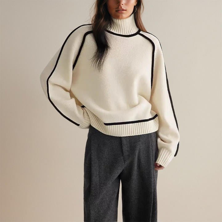 Women’s Oversized Turtleneck Jumper with Contrast Sleeve Trim-Women Jumpers-Camden Fashion