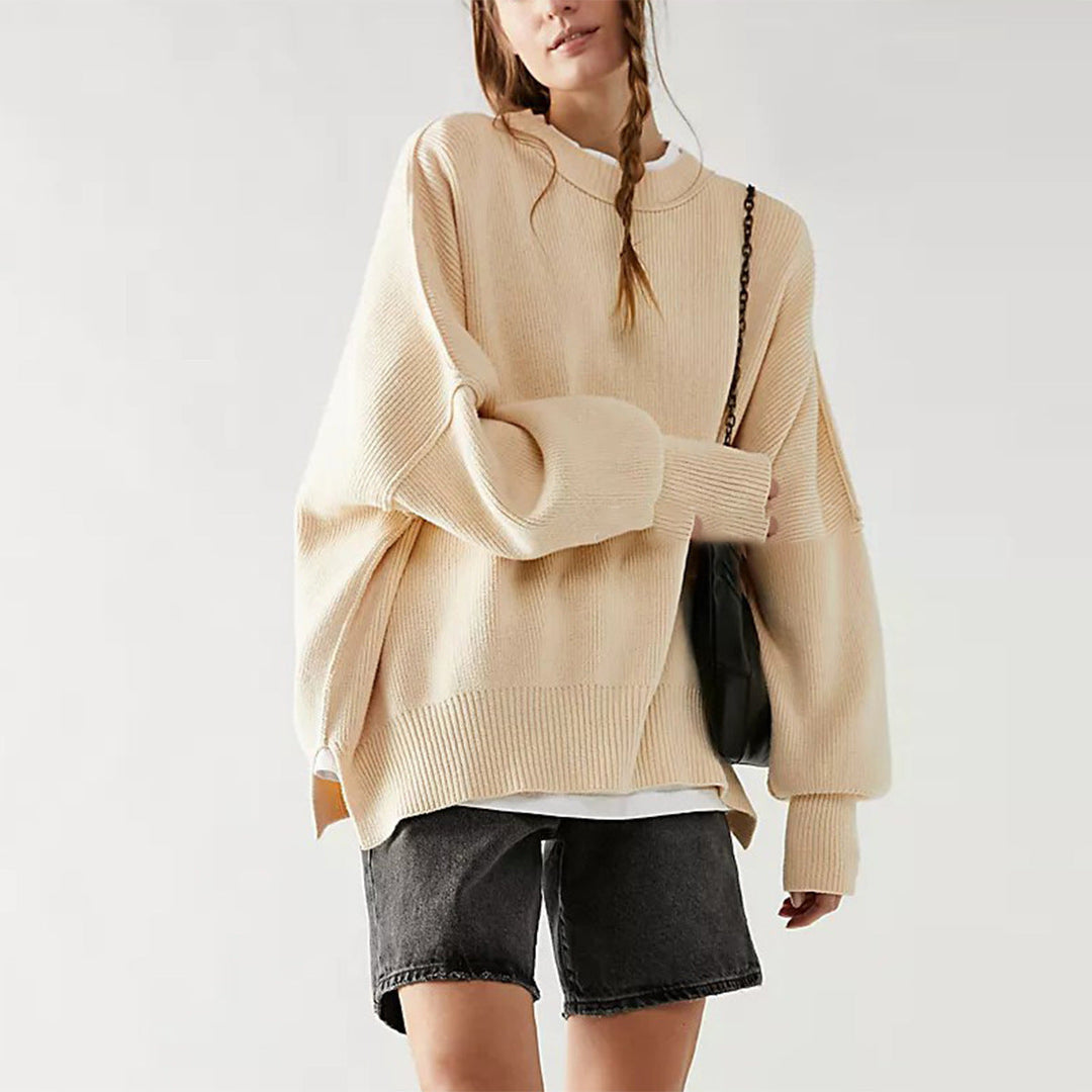 Women’s Pullover Knit Sweater – Oversized Fit – Long Sleeve – Textured – Side Slits-Sweaters-Camden Fashion