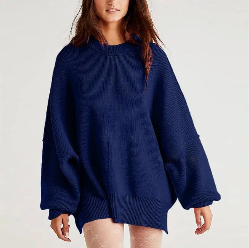 Women’s Pullover Knit Sweater – Oversized Fit – Long Sleeve – Textured – Side Slits-Sweaters-Camden Fashion
