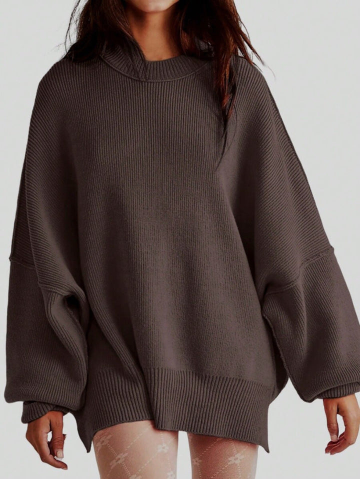Women’s Pullover Knit Sweater – Oversized Fit – Long Sleeve – Textured – Side Slits-Sweaters-Camden Fashion