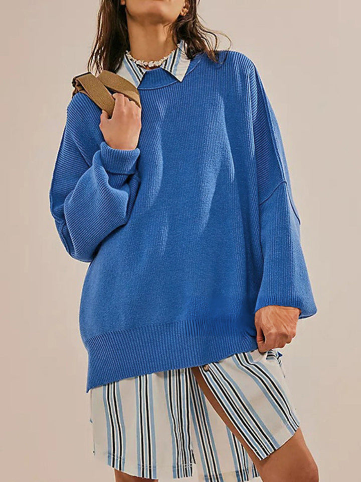 Women’s Pullover Knit Sweater – Oversized Fit – Long Sleeve – Textured – Side Slits-Sweaters-Camden Fashion