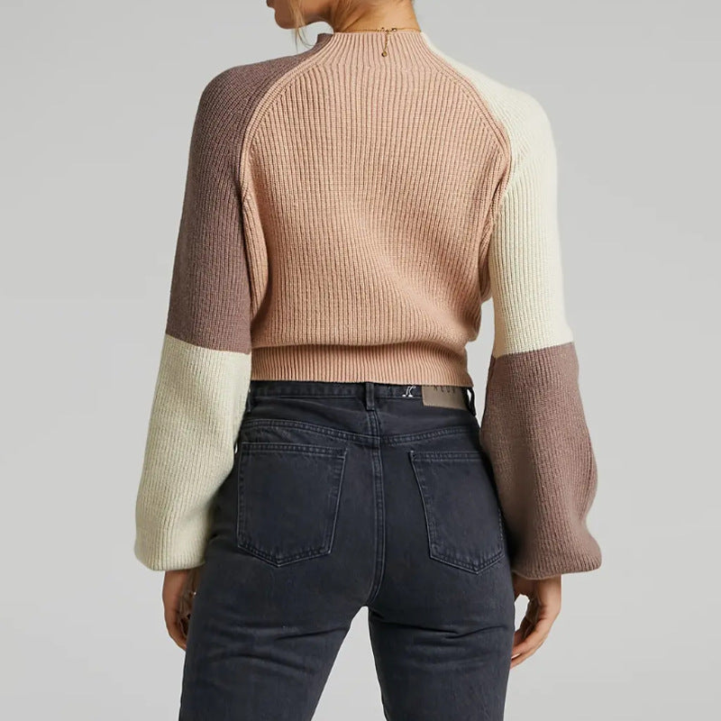 Women’s Pullover Sweater – Oversized Fit – Ribbed Knit – Mock Neck – Cropped Length-Sweaters-Camden Fashion
