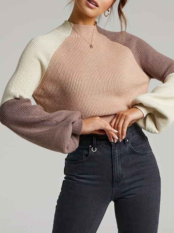 Women’s Pullover Sweater – Oversized Fit – Ribbed Knit – Mock Neck – Cropped Length-Sweaters-Camden Fashion
