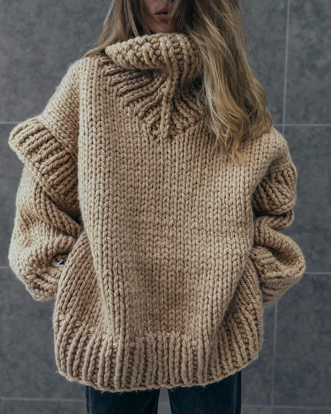 Women’s Pullover Sweatshirt – Chunky Knit – Oversized Fit – Turtleneck – Ribbed Cuffs-Sweaters-Camden Fashion