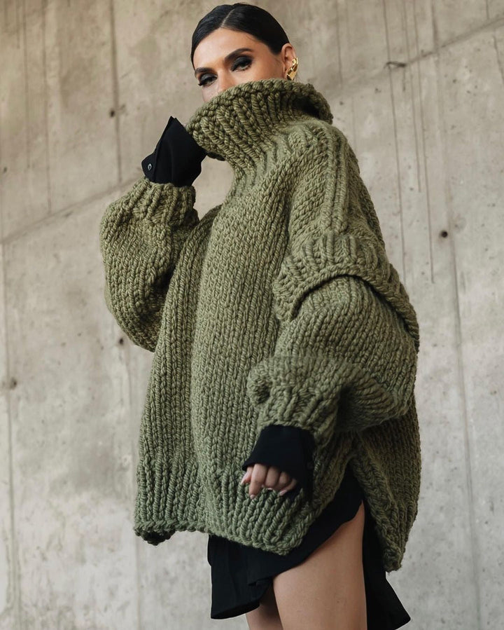 Women’s Pullover Sweatshirt – Chunky Knit – Oversized Fit – Turtleneck – Ribbed Cuffs-Sweaters-Camden Fashion