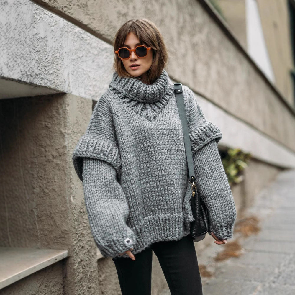 Women’s Pullover Sweatshirt – Chunky Knit – Oversized Fit – Turtleneck – Ribbed Cuffs-Sweaters-Camden Fashion