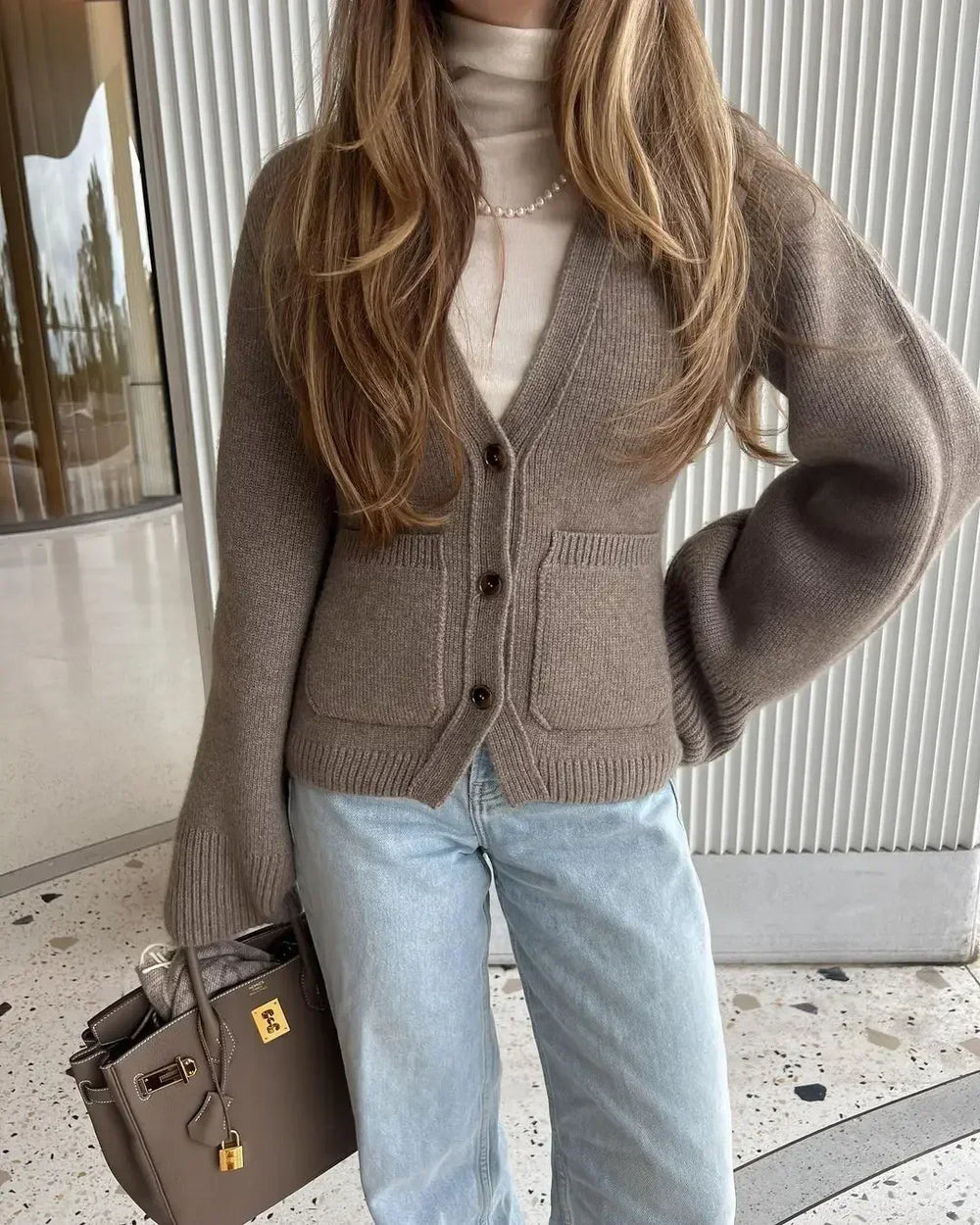 Women's V-Neck Button Cardigan with Ribbed Hem and Patch Pockets-Women Cardigans-Camden Fashion