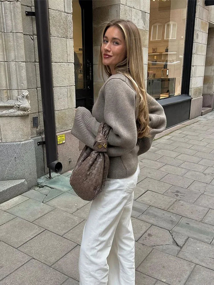 Women's V-Neck Button Cardigan with Ribbed Hem and Patch Pockets-Women Cardigans-Camden Fashion