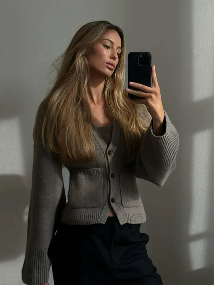 Women's V-Neck Button Cardigan with Ribbed Hem and Patch Pockets-Women Cardigans-Camden Fashion
