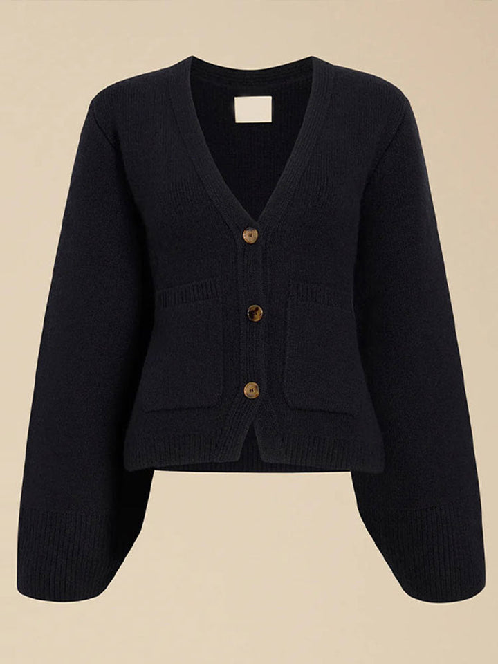 Women's V-Neck Button Cardigan with Ribbed Hem and Patch Pockets-Women Cardigans-Camden Fashion