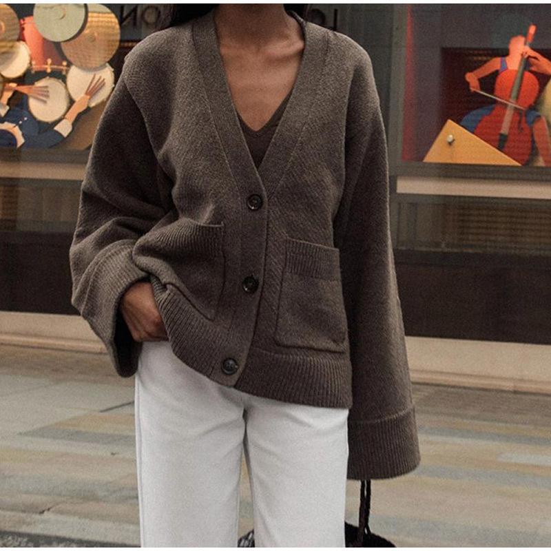 Women's V-Neck Button Cardigan with Ribbed Hem and Patch Pockets-Women Cardigans-Camden Fashion