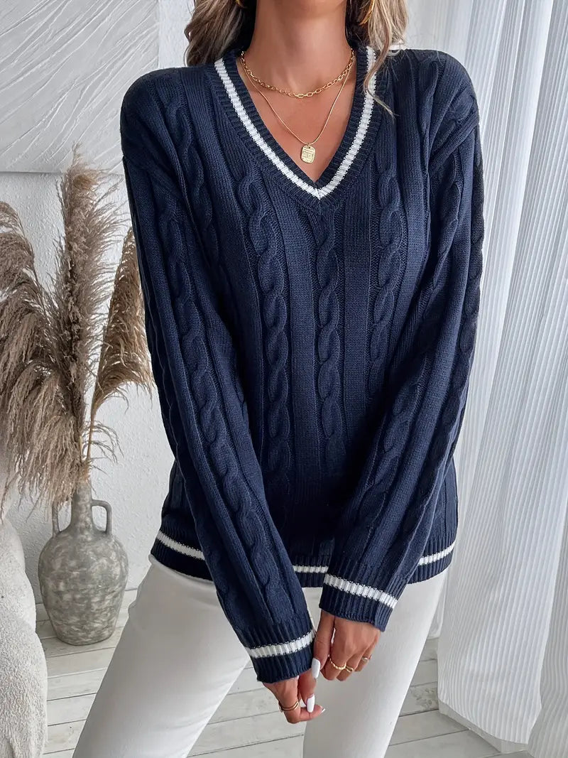 Women's V-Neck Cable Knit Jumper-Sweaters Women-Camden Fashion