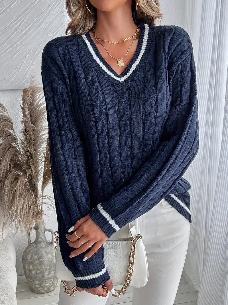 Women's V-Neck Cable Knit Jumper-Sweaters Women-Camden Fashion