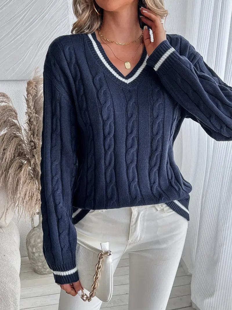 Women's V-Neck Cable Knit Jumper-Sweaters Women-Camden Fashion