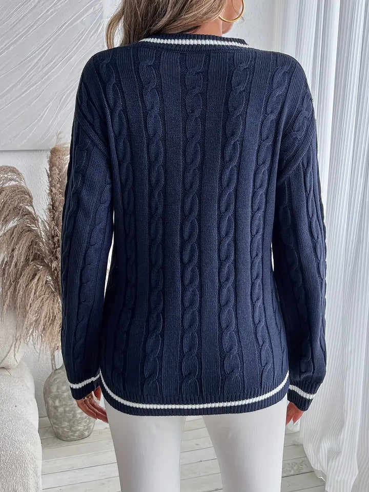 Women's V-Neck Cable Knit Jumper-Sweaters Women-Camden Fashion