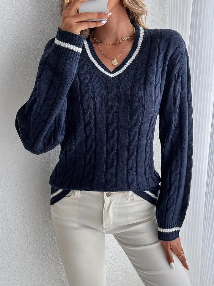Women's V-Neck Cable Knit Jumper-Sweaters Women-Camden Fashion
